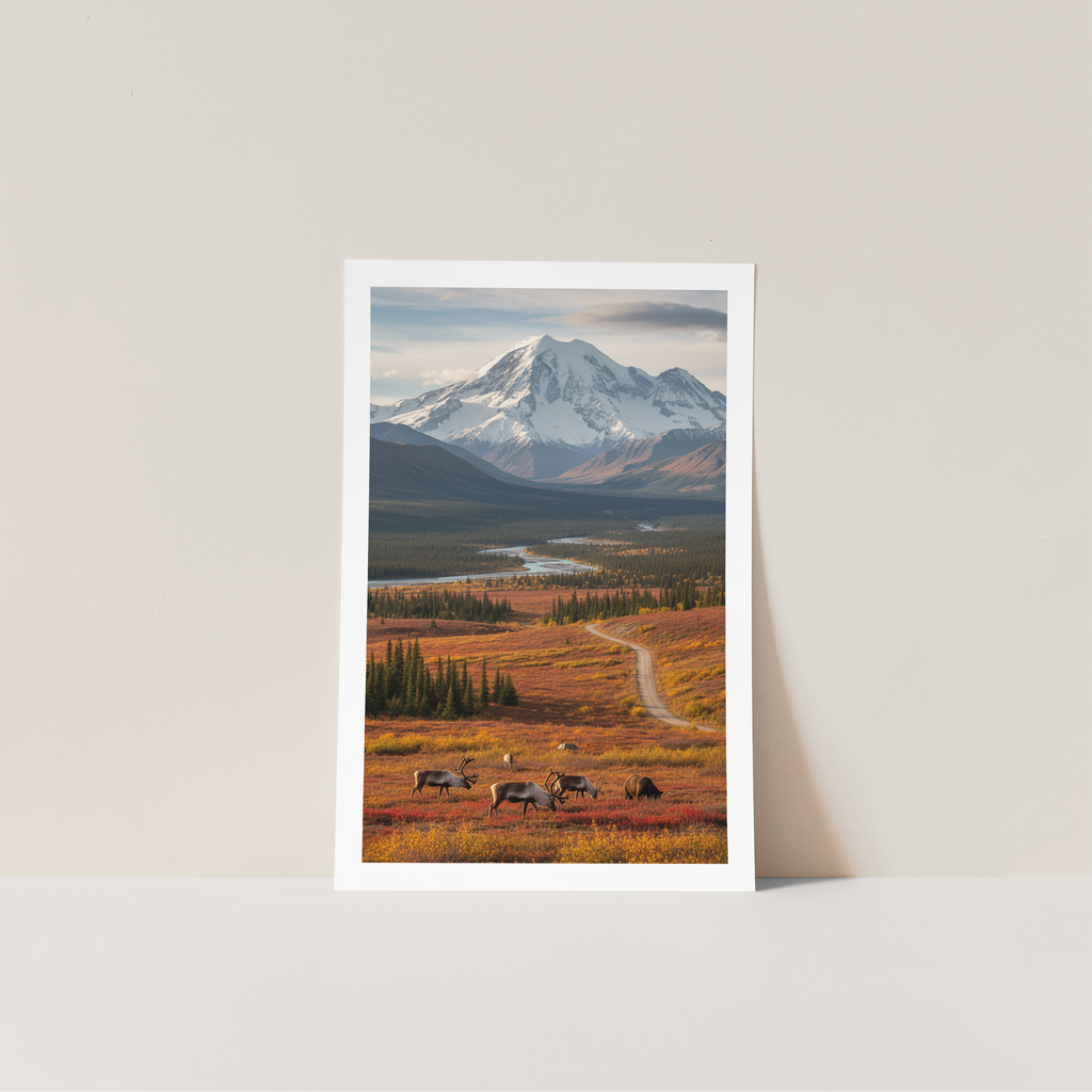 Framed photograph of a mountain landscape with a path and animals in the foreground on a light gray background.