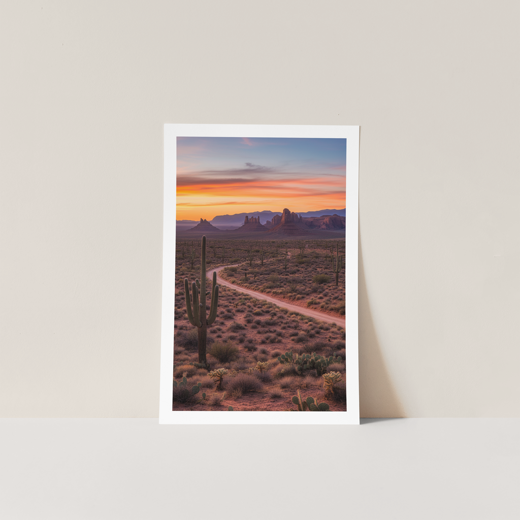 Framed photograph of a desert landscape with a sunset over mountains.