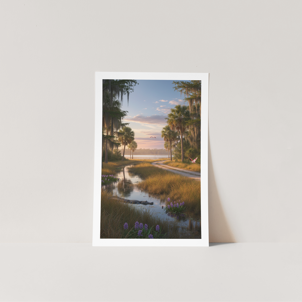 Landscape print of a sunset over a lake with trees and a path on a white background