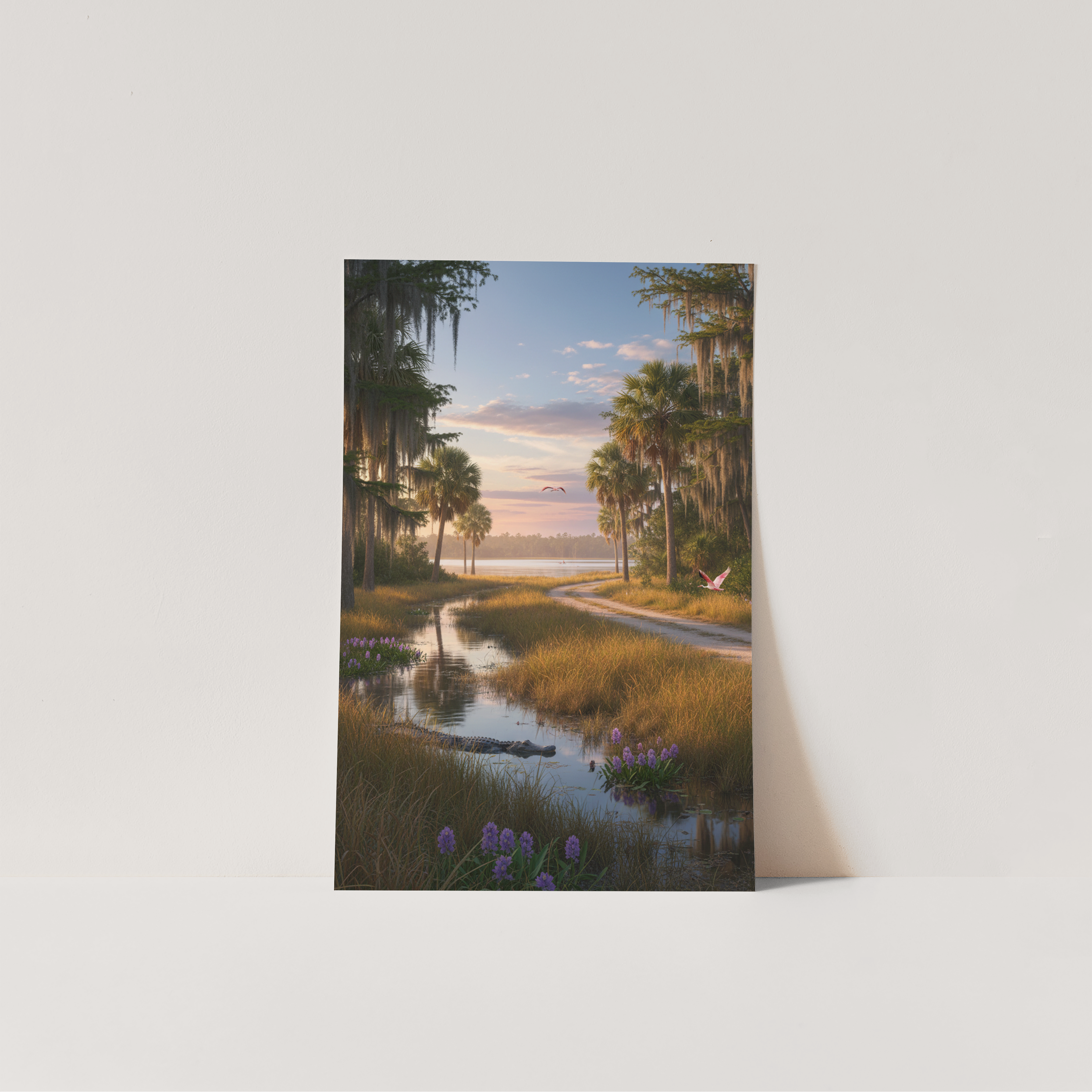 Landscape print of a sunset over a lake with trees and a path.