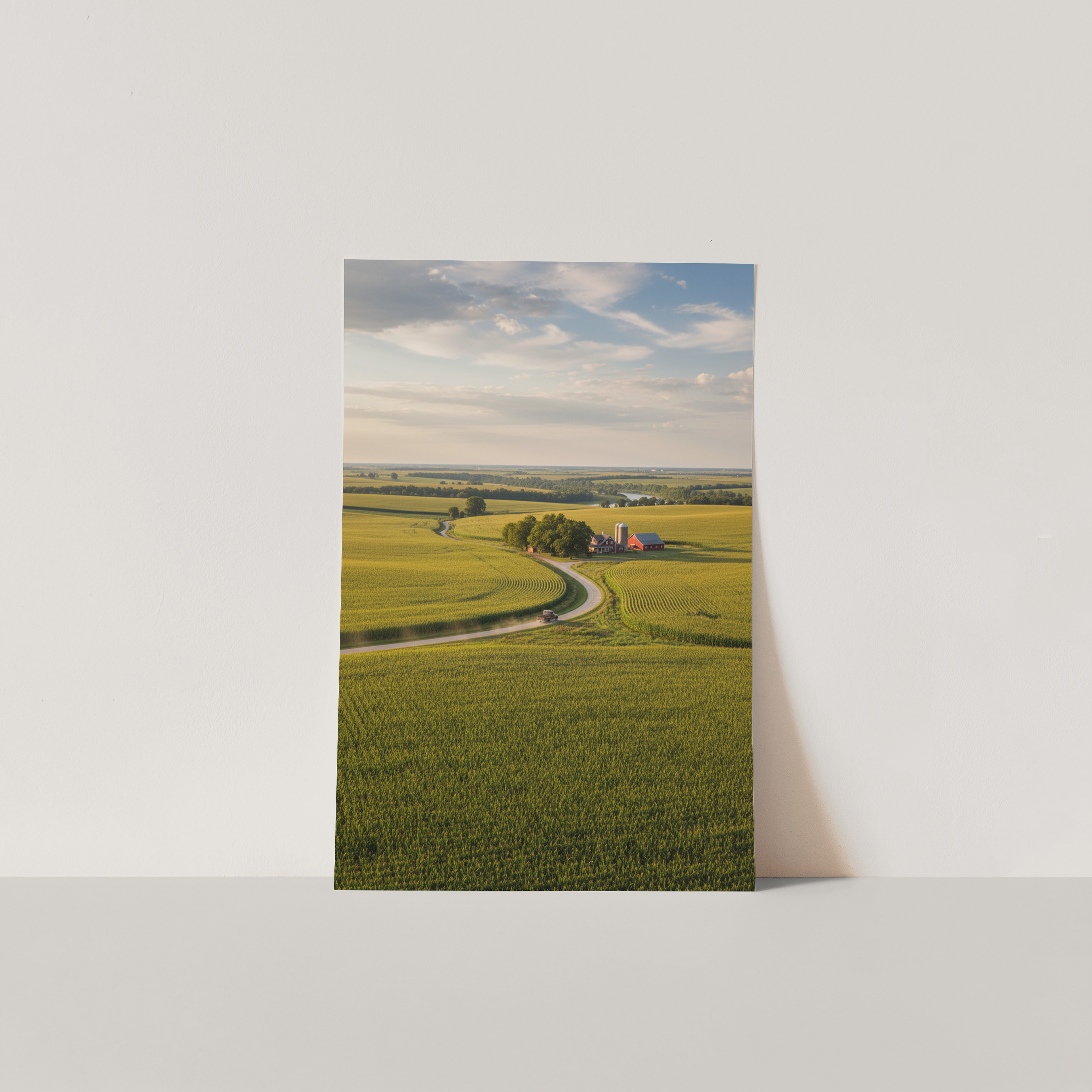 Poster of a scenic landscape with fields and a road in the heartland of America. 