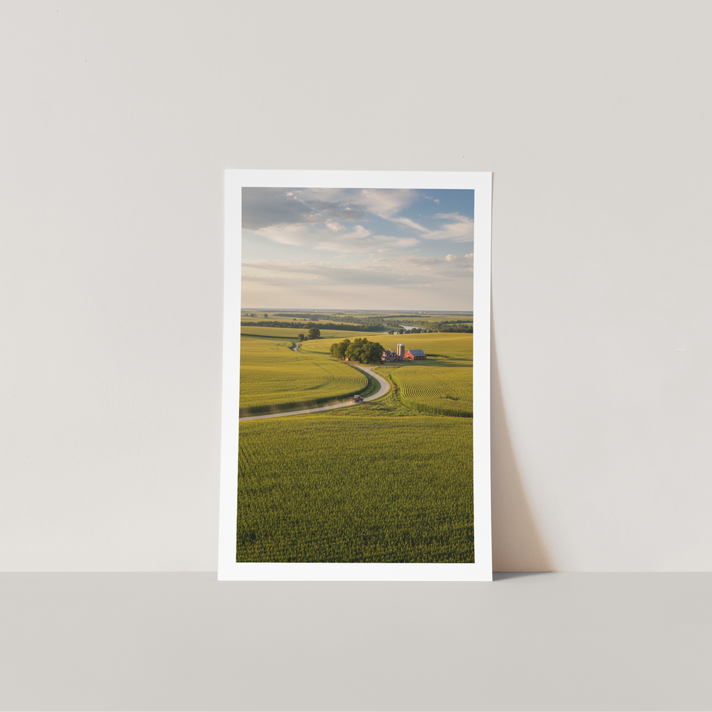 Framed print of a landscape with a green field and road in the USA. 