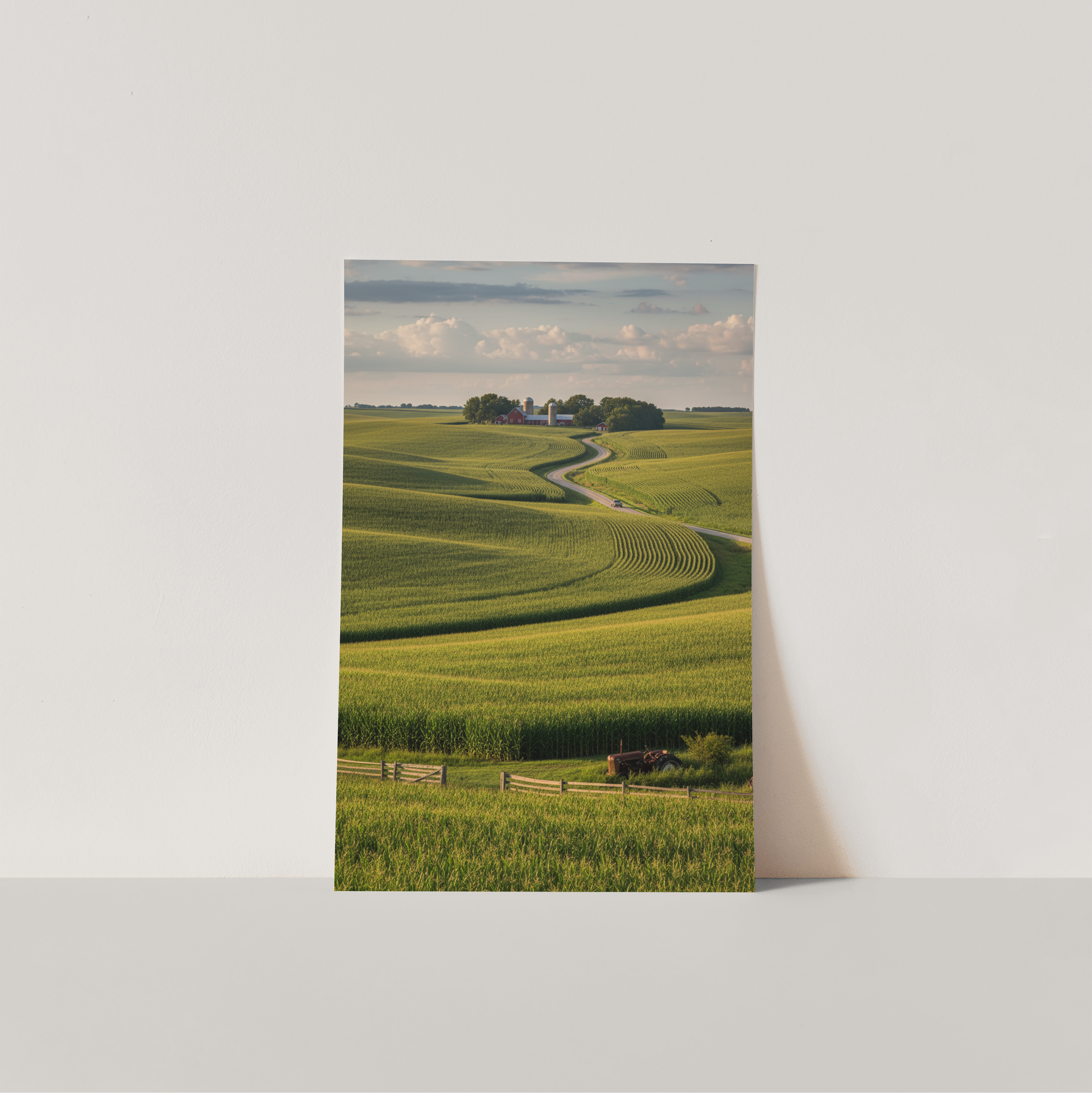Poster of a green landscape with a road and trees on a white wall.