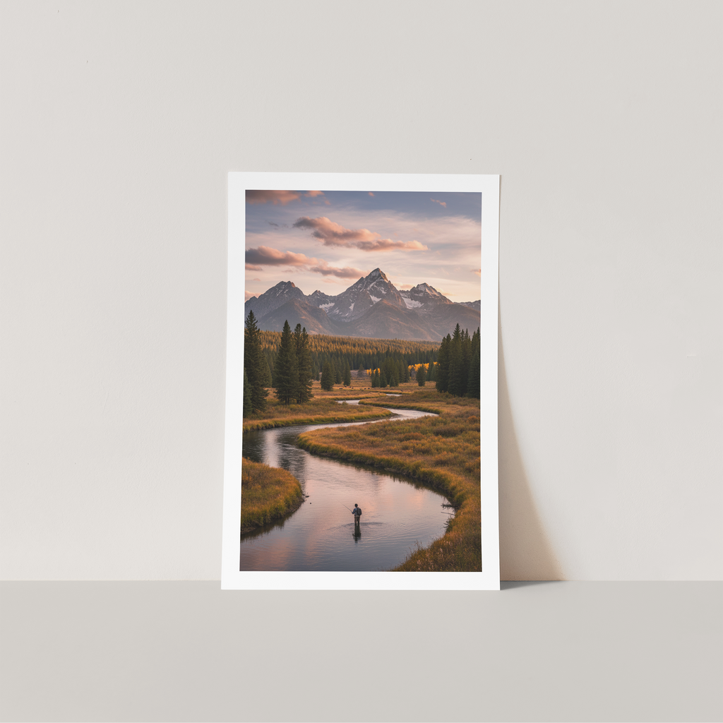 Framed photograph of a mountain landscape with a river and person on a white wall.